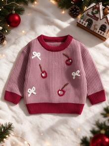 Baby Girl Sweet Cherry Bow Embroidered Sweater, Contrast Color Round Neck Soft Knit Top, Infant Toddler Spring Autumn Winter Versatile Outerwear Inner Layer Base Layer, Daily Wear Knit Sweater - Pink - View 1