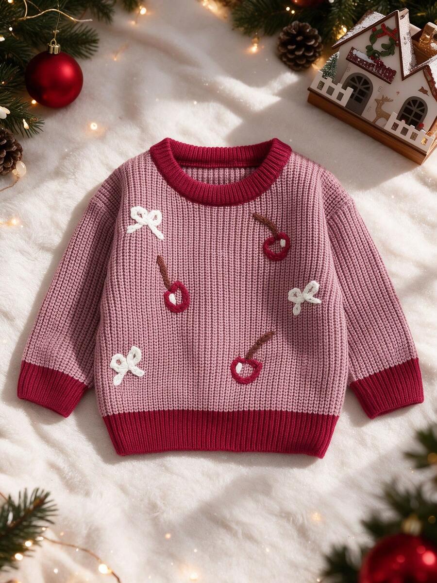 Baby Girl Sweet Cherry Bow Embroidered Sweater, Contrast Color Round Neck Soft Knit Top, Infant Toddler Spring Autumn Winter Versatile Outerwear Inner Layer Base Layer, Daily Wear Knit Sweater - Pink - View 1