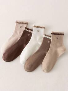 5 Pairs Women's Mid-Calf Socks With Ruffle Trim And Heart Design ...