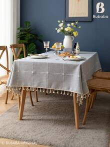 Bubaba Grey-Blue Embroidered Plaid Rectangular Tablecloth With Cream Tassel Trim, Linen-Texture Fabric, Country Farmhouse Bohemian Style, Suitable For Kitchen, Dining Room, Daily Home Decor And Party Table Cover - Multicolor - View 10