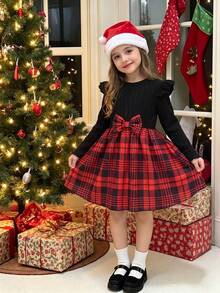 Girls' Casual Plaid Pattern Bow Decor Round Neck Long Sleeve Knee-Length Dress, Suitable For Spring And Autumn - Red - View 1