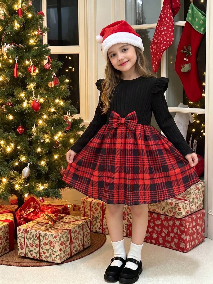 Girls' Casual Plaid Pattern Bow Decor Round Neck Long Sleeve Knee-Length Dress, Suitable For Spring And Autumn - Red - View 1