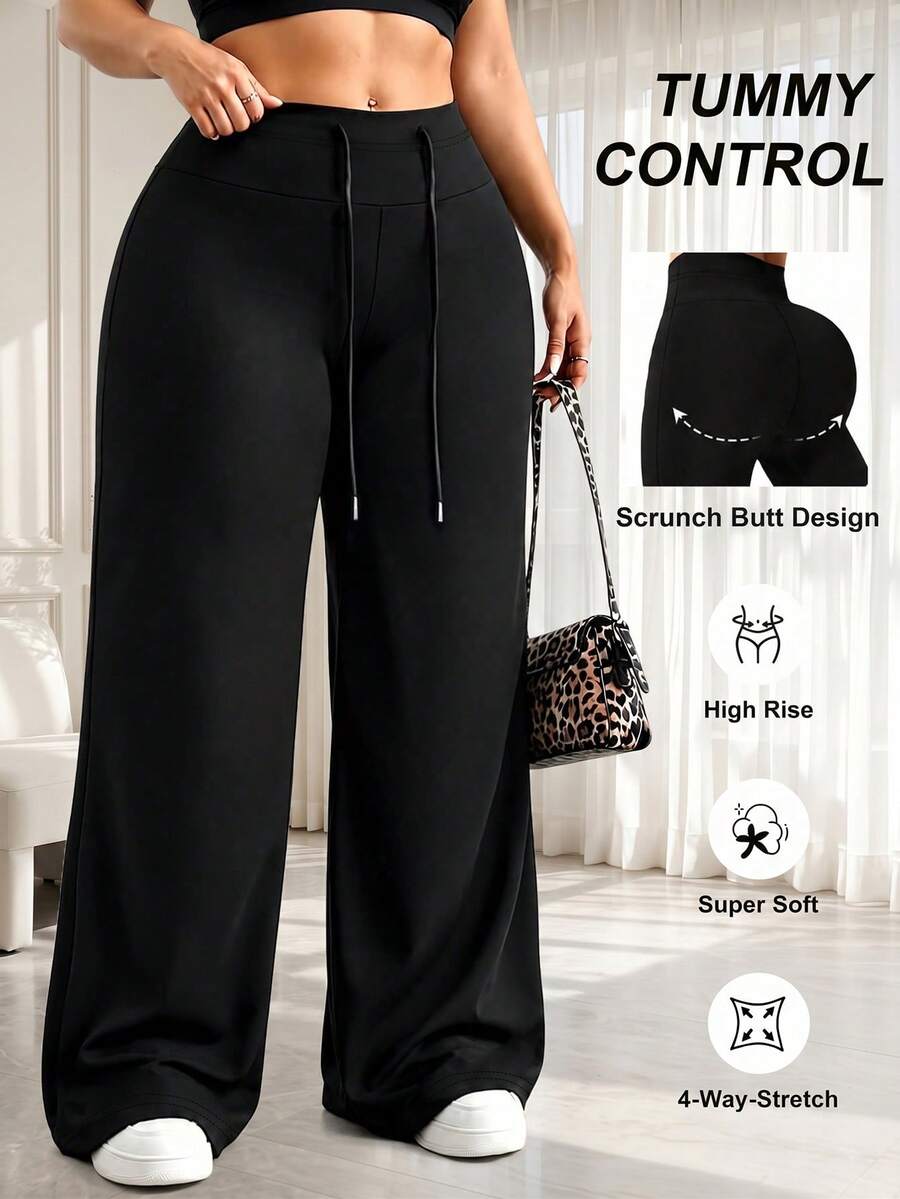 1pc Plus Size Women's Wide Leg Pants, Autumn/Winter Black Long Pants For Women, High Waist Adjustable Drawstring Women's Long Pants, 4-Way Stretch Wide Leg Pants, Soft And Comfortable Wide Leg Pants, Women's Pure Black Long Pants Suitable For Office, Social Occasions, Elegant Women's Long Pants, Pure Long Pants