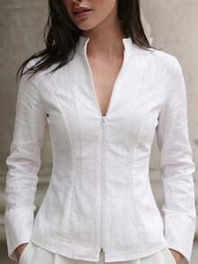 Plus Size Women's Stand Collar Full Zip Flared Sleeve Fitted Linen Shirt, Slim Fit Top, Suitable For Autumn Office Commute, Elegant Style - White - View 4