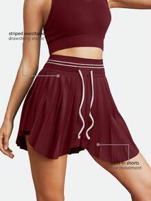 Leorrey 1pc Women A-Line Pleated Elastic Waist Contrast Color Drawstring Anti-Flashing Lined Asymmetrical Hem Sports Skirt - Burgundy - View 1