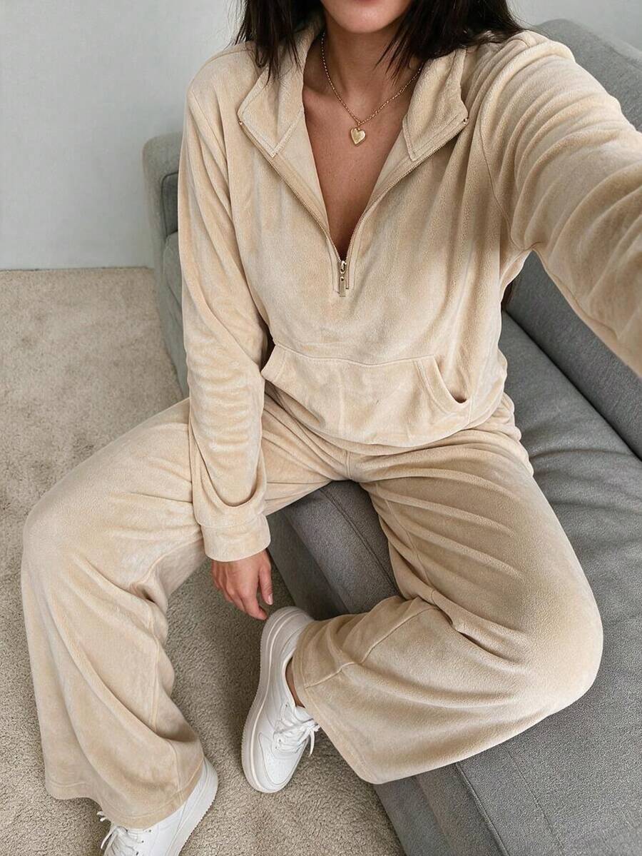Conjunto pants para mujer de 2 piezas, sudadera y pantalón deportivo de cintura alta, outfit casual cómodo para gym, fitness, entrenamiento, viaje, otoño e invierno, estilo urbano y moderno. - Beis - Ver 1
