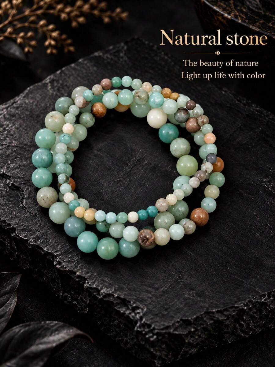Women's Green Natural Stone Beaded Bracelet 3-Piece Set, Mixed Amazonite Beads, Stackable Elastic Bracelet, Bohemian Style Fashion Accessory - Multicolor - View 1
