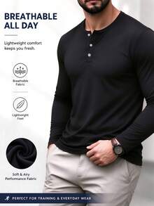 Kaos Pria Hitam Lengan Panjang untuk Semua Musim dengan Plaket Setengah Kardigan - Hitam - View 5