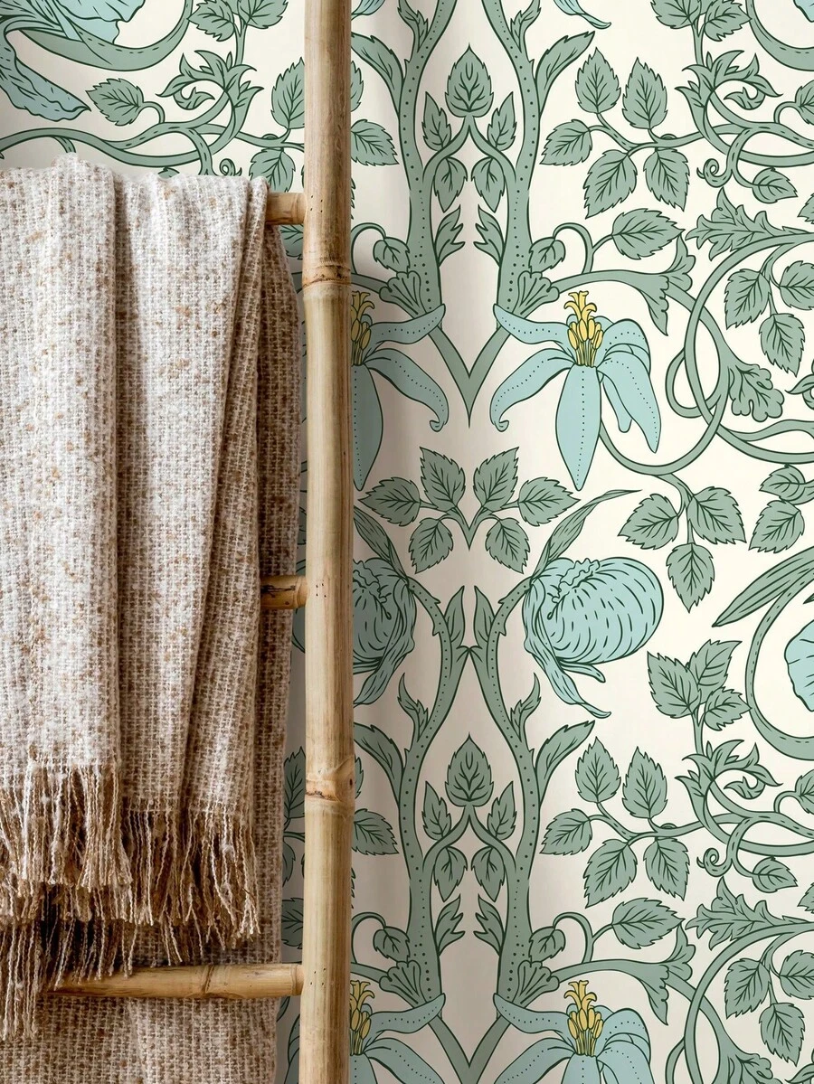 Papel de Parede Adesivo Art Nouveau Vintage Floral Verde, Papel de ...