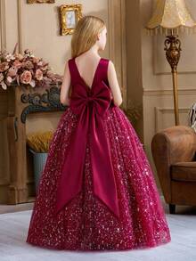Tween Girl Burgundy Sleeveless Bow Back Deep V Mesh Party Dress Princess Gown, Suitable For Children's Birthday Gift, Banquet, Flower Girl, Wedding, Prom, Party, Important Occasions, Holiday Celebration - Burgundy - View 2