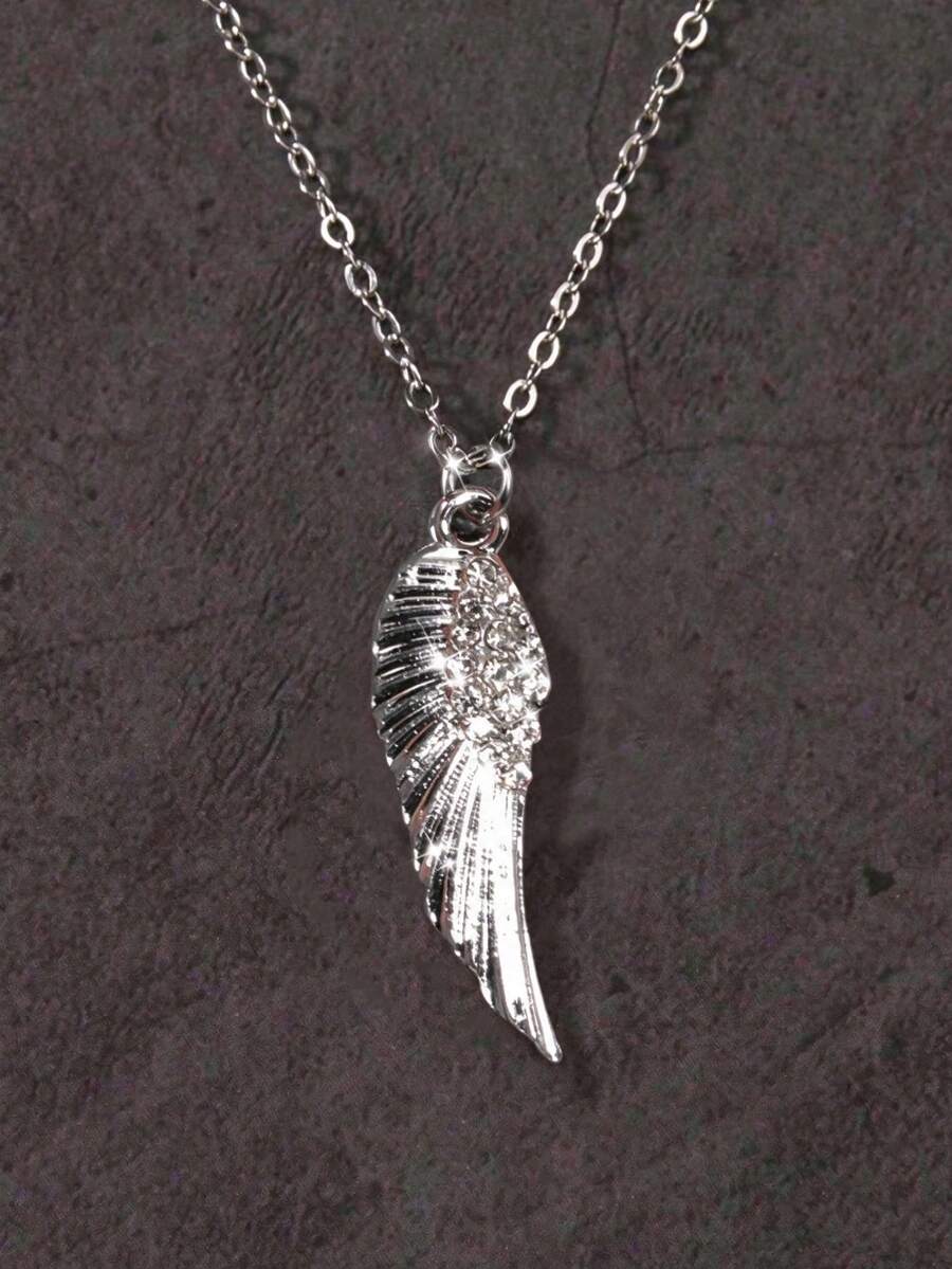1pc Vintage Gothic Angel Feather Accessory Minimalist Rhinestone Wing Pendant Stainless Steel Chain Necklace - Silver - View 1