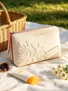 Lancôme 優雅米色人造皮革化妝包，壓花玫瑰圖案，紅色飾邊拉鍊開合，化妝品收納袋，可放入手提包，日常旅行盥洗用品收納袋，浪漫假期女性禮物，Lancome - 淺粉色 - 查看 2