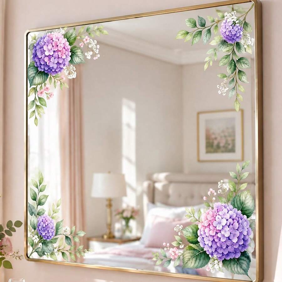 1pc 2D Watercolor Purple Pink Hydrangea Corner Mirror Decorative Sticker, Fresh Green Leaf Floral Diagonal Decal, Waterproof Self-Adhesive Bathroom Mirror Wall Sticker - one-size - View 1