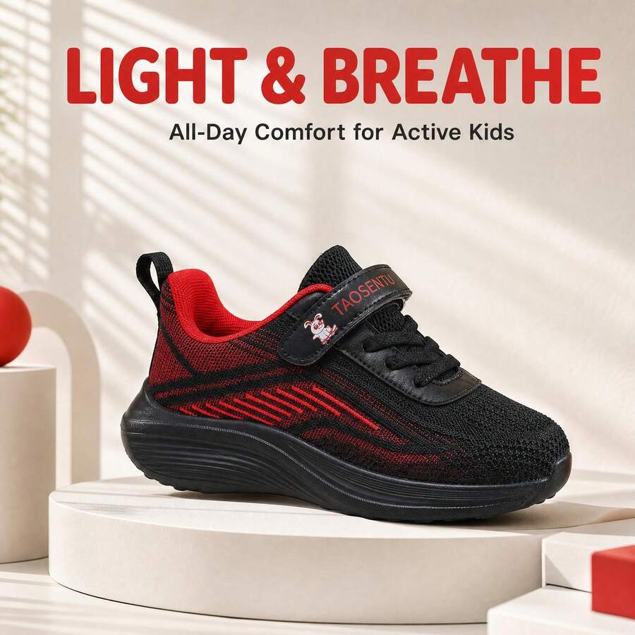 TAOSENTU Kids' Outdoor Running Shoes, Black & Red Colorway, Punk Contrast Design, Retro Versatile Sports Shoes, Suitable For Middle And Older Children, Campus & Outdoor Sports, Hook & Loop Closure, Easy On/Off, Comfortable Non-Chafing Running Shoes - black red - View 1