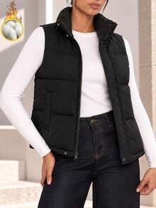 Women Black Puffer Vest Quilted Padded Sleeveless Jacket Stand Collar Snap Button Front Side Pockets Casual Winter Gilet - Black - View 2