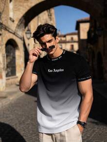 Men's Fashion Los Angeles Letter Ombre Print Round Neck Short Sleeve T-Shirt, Summer - Multicolor - View 1