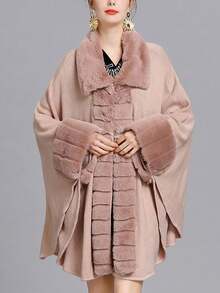1pc Solid Color Fur Collar Loose Knit Cardigan Shawl Cape Outerwear - Multicolor - View 4