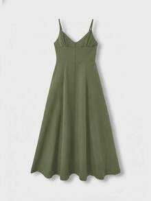 QUNGIGU Women's Elegant Spaghetti Strap Mid-Length Dress, V-Neck Linen Texture Backless High Waist Summer Beach Wedding Guest Dress - Army Green - View 5