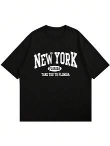 Simple  Style Men's Short Sleeve T-Shirt, NEW YORK FLORIDA Retro College Letter Print, Versatile for Casual Outings and Camping - Negro - Ver 3