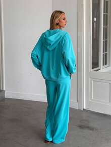 Omen Solid Zip Up Hooded Sweatshirt & Drawstring Wide Leg Sweatpants 2 Pieces Outfit, Casual Loose Tracksuit Set - Mint Blue - View 4