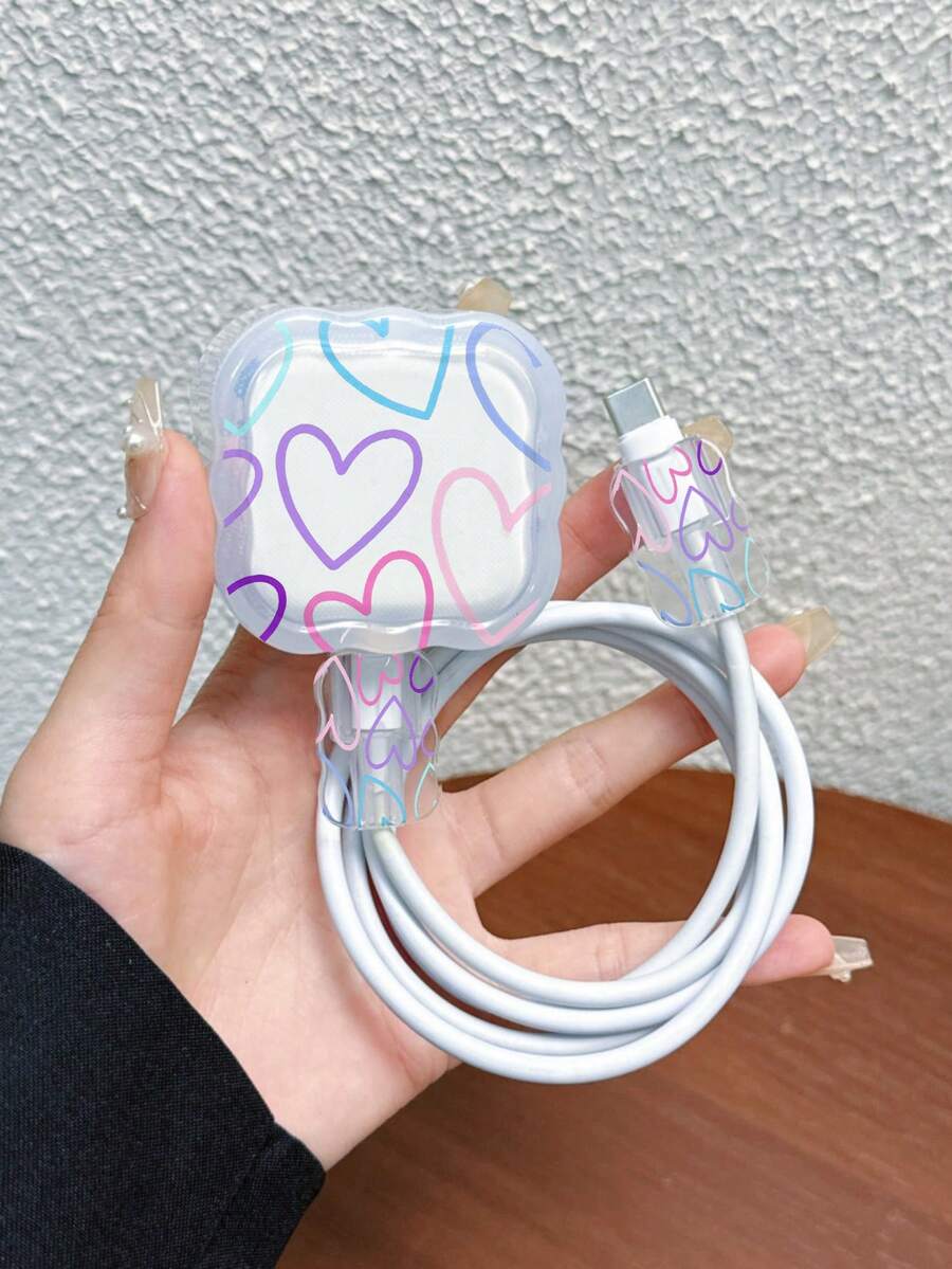 3pcs Set Wavy Pattern Charger Cable Protector UV Painted Colorful Hollow Heart Design Compatible With UK Standard Apple Fast Charger 20W UK Standard Charger Prevent Cable Damage - Multicolor - View 1