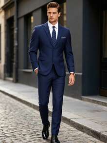 Men's Suit Blazer Polyester For Men Casual 2 Pieces Jacket Tie Set Long Sleeves VersatileSingle Breasted Slim Fit Wedding Party Business Prom Commute - Navy Blue - View 2