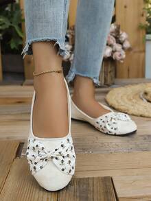 Women's French Vintage Floral Bow Ballet Flats, Round Toe Soft Sole Slip-On Commuter Casual Flat Shoes - Chantilly - View 8