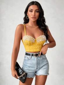ملابس علوية نسائية كاميسول بتصميم عظم السمكة لتشكيل الجسم، مصنوعة يدويًا باللؤلؤ، متعددة الاستخدامات، الأكثر مبيعًا، بأسلوب موضة العطلات - أصفر - مشاهدة 2