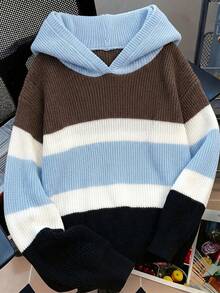 Tween Boys Colorblock Striped Hooded Sweater, Long Sleeve Loose Fit Pullover Knit Hoodie - Multicolor - View 1