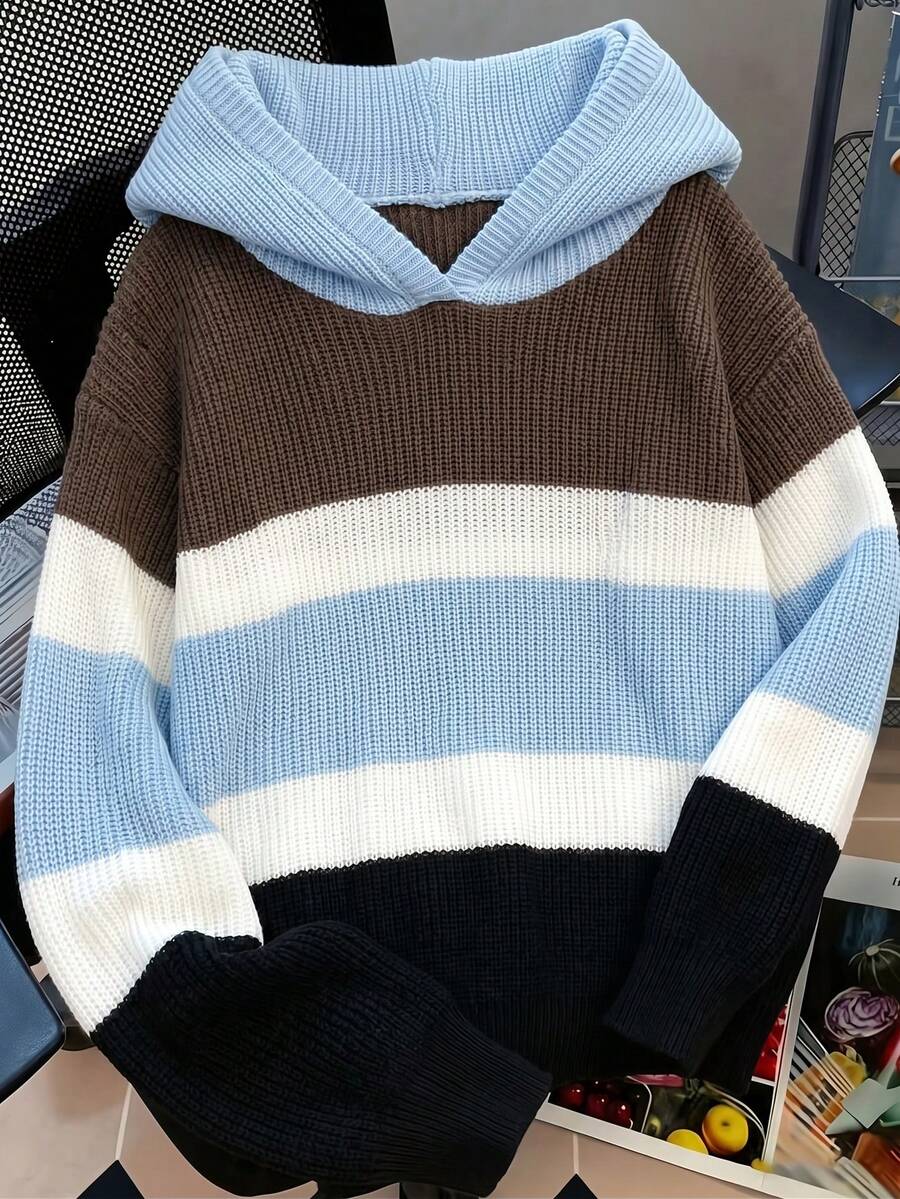 Tween Boys Colorblock Striped Hooded Sweater, Long Sleeve Loose Fit Pullover Knit Hoodie - Multicolor - View 1