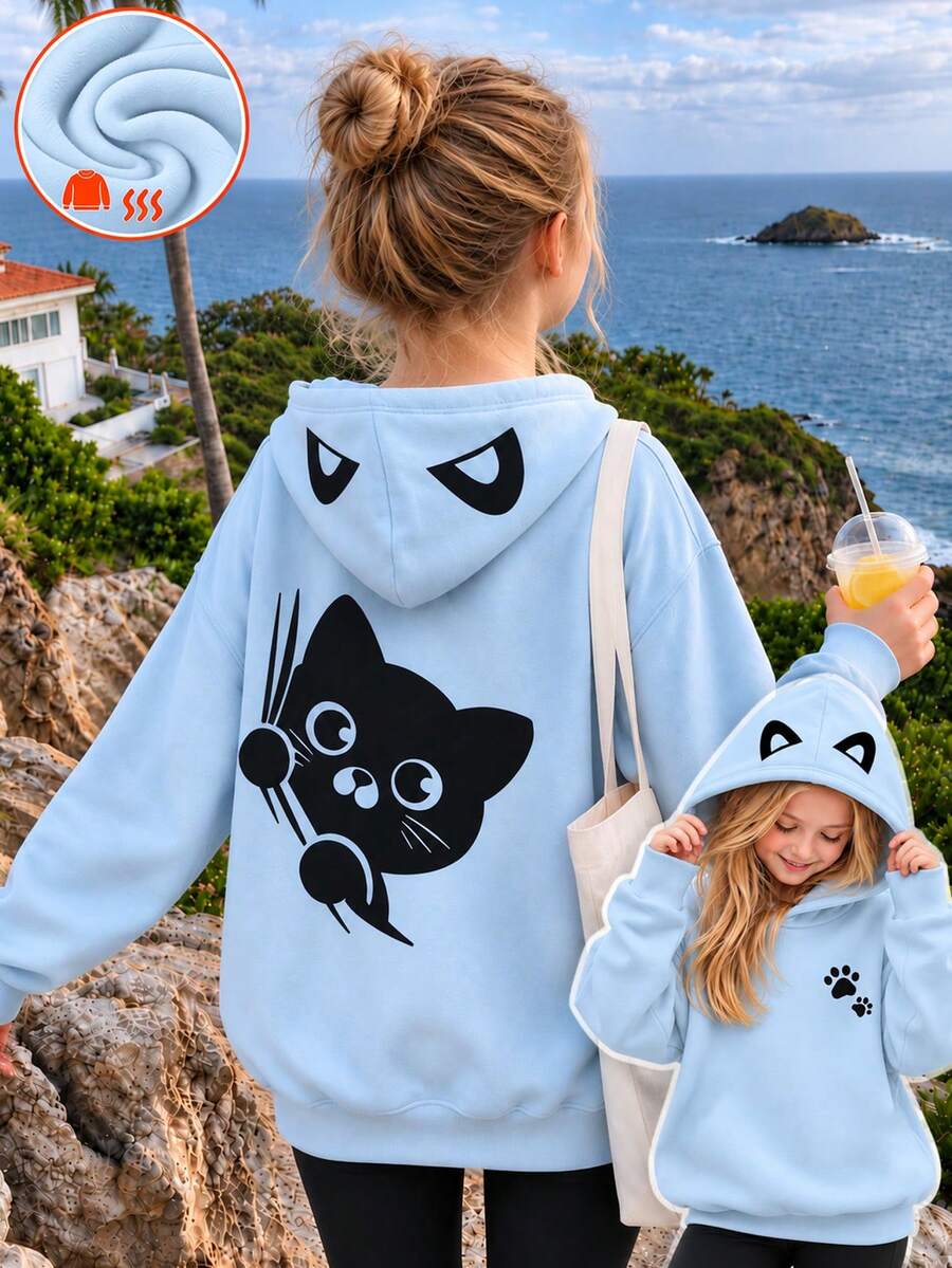 Tween Girl 1pc Thermal Lined Thick Warm Hooded Sweatshirt, Cute Cat Print, Youth Student Kids Clothing, Girls Autumn Winter Outfit