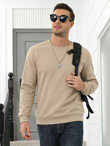 Men's Autumn/Winter Casual Fashion Slim Fit Thermal Lined Thick Warm Crew Neck Sweatshirt - Khaki - View 3
