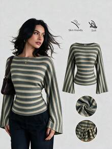 Vuslat Women's Autumn Lazy Vintage Striped Off-Shoulder Knit Flare Sleeve Top, Suitable For Back To School, Commuting, Daily Wear, Shopping - Green - View 2