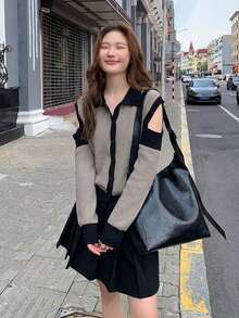 Women's Colorblock Zip-Up Knit Cardigan Sweater Jacket, Autumn/Winter - Grey - View 1