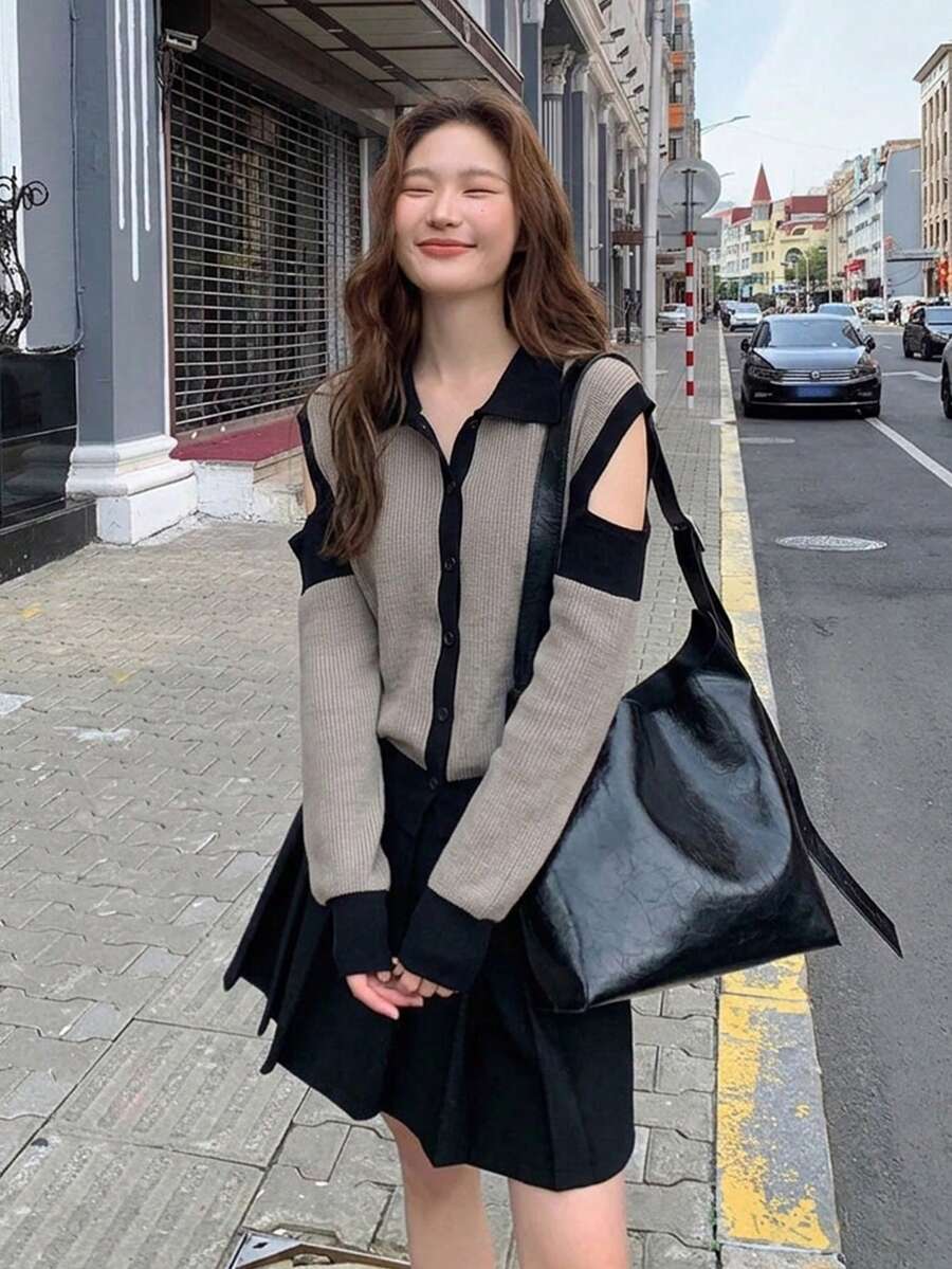 Women's Colorblock Zip-Up Knit Cardigan Sweater Jacket, Autumn/Winter - Grey - View 1