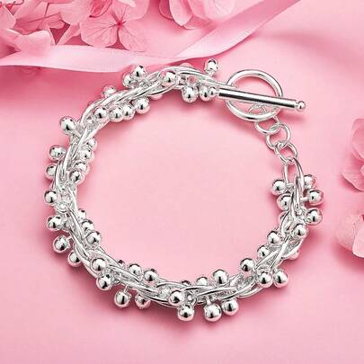 1pc 925 Silver-Plated Exquisite Polished Bead Bracelet – Women's Fashion Jewelry, Perfect For Weddings And Parties