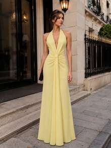 VIPGIRL Elegant Women's Sleeveless Deep V-Neck Knit Maxi Dress, Ruched Bust Design With Pleated Ruffle Hem, Formal Evening Gown, Suitable For Ball Events - Yellow - View 1