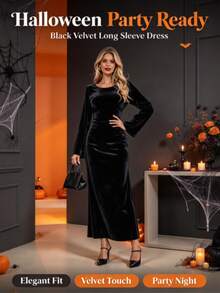 Halloween Costume Elegant Solid Color Velvet Long Sleeve Bodycon Maxi Dress, Drawstring Evening Gown For Wedding Guest, Halloween Fashion & Carnival - Black - View 4