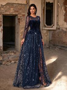Autumn/Winter Elegant Navy Blue Sequin Leaf Embroidery Patchwork Velvet Sheer Long Sleeve 2-In-1 High Slit Formal Maxi Dress, Suitable For Parties And Weddings - Royal Blue - View 7