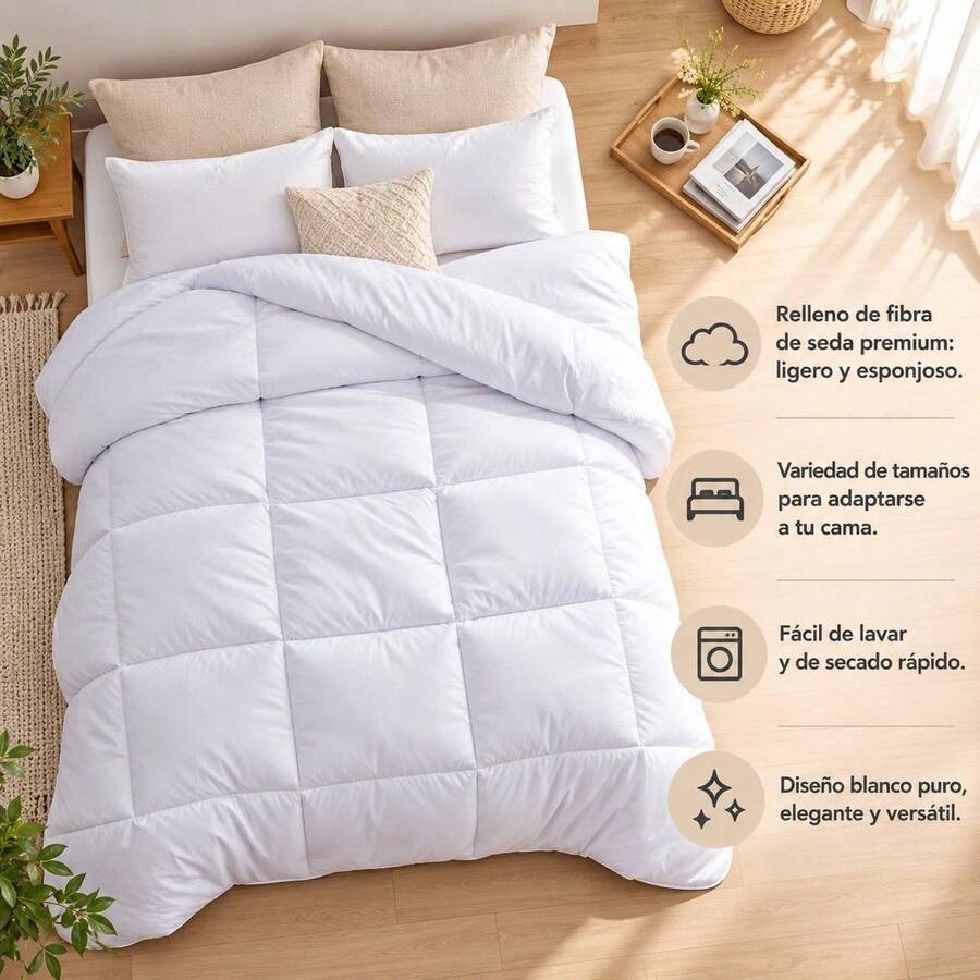 White Polyester Quilted Comforter With Square Pattern, Soft Breathable Duvet Insert, Available In 160x220cm, 180x220cm, 220x220cm And 220x240cm - White - View 1
