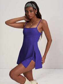 PinkTip Summer Backless Spaghetti Strap Yoga Dress With Built-In Shorts Tennis Skirt, Suitable For Fitness And Outdoor Sports - Blue - View 3