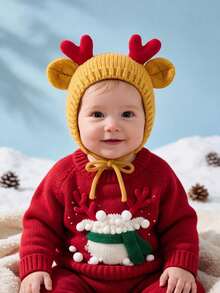 1件中性幼童咖啡色與米色聖誕帽，紅色馴鹿鹿角護耳帽，聖誕快樂，聖誕禮物，馴鹿，雪花 - 1PC - 查看 19