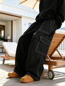Men's Lightweight Contrast Stitching Cargo Pants, Loose Fit, Elastic Drawstring Waist, Multi-Pocket Design, Daily Commute / Streetwear / Casual Versatile, High Street Style Long Pants, Perfect Gift For Boyfriend And Dad - Black - View 4