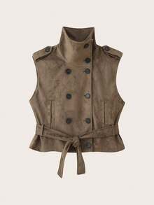 Women's Autumn/Winter High Neck Suede Vest With Belt - Khaki - View 3