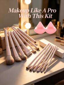 15pcs Makeup Brush Set, Complete Makeup Tools, Easy Application Including 2pcs Powder Puffs, Suitable For Foundation, Blush, Eyeshadow, Eyebrow Pencil, Contour, Lipstick, Nose Shadow And Other Facial Makeup Brushes, Complete Makeup Brush Set, Essential Beauty Tools, Makeup Set Complete Gift For Beautiful Girls, Thanksgiving Christmas Gift - Baby Pink - View 1