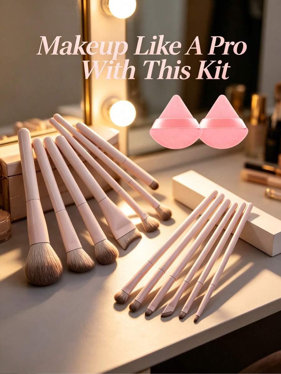 15pcs Makeup Brush Set, Complete Makeup Tools, Easy Application Including 2pcs Powder Puffs, Suitable For Foundation, Blush, Eyeshadow, Eyebrow Pencil, Contour, Lipstick, Nose Shadow And Other Facial Makeup Brushes, Complete Makeup Brush Set, Essential Beauty Tools, Makeup Set Complete Gift For Beautiful Girls, Thanksgiving Christmas Gift - Baby Pink - View 1