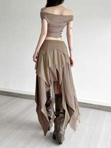Top Dazzle Sexy Split Asymmetric High Waist Fitted Skirt - Khaki - View 5