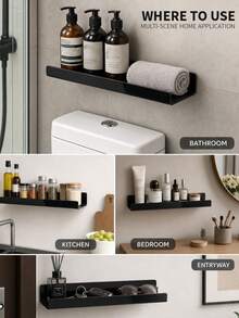 Black Wall-Mounted Bathroom Storage Rack Set, Plastic Floating Organizer Shelf For Skincare And Cosmetics, Space-Saving Bathroom Wall Storage Organizer, Minimalist Modern Home Decor - Multiple Styles - View 7