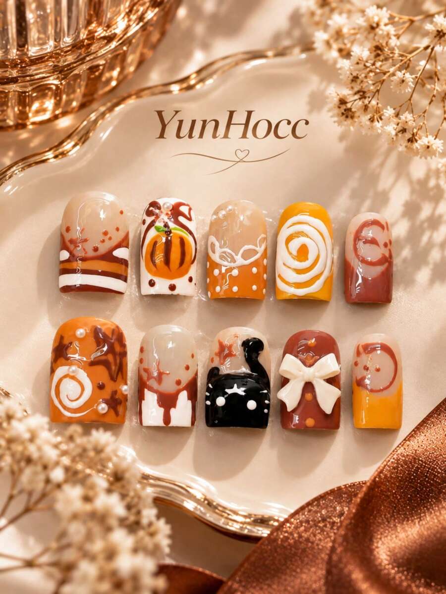 YunHocc 10Pcs Handmade Short Square Press On Nails, Caramel Chocolate Color Scheme, 3D Black Cat, Bow & Candy Relief False Nail Set, Reusable Fake Nails For Trip, Party, Photoshoot & Unique Outfits - Multicolor - View 1