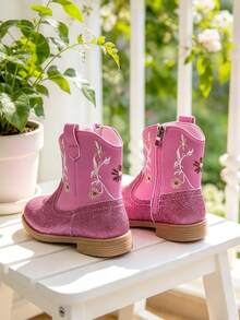 Girls Hot Pink Glitter Western Cowboy Boots, Floral Embroidered Booties With Side Zipper, Retro Chunky Heel For Fall & Party - Pink - View 3